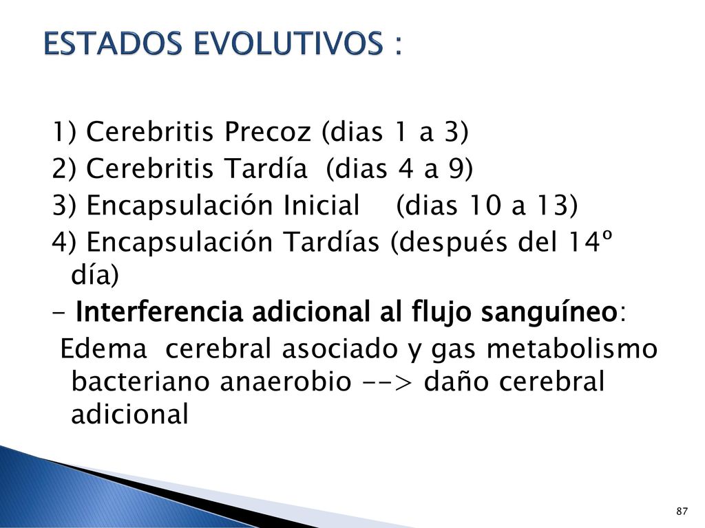 ESTADOS EVOLUTIVOS : 1) Cerebritis Precoz (dias 1 a 3)