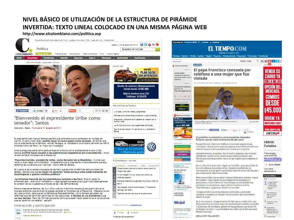 NIVEL BÁSICO DE UTILIZACIÓN DE LA ESTRUCTURA DE PIRÁMIDE INVERTIDA: TEXTO LINEAL COLOCADO EN UNA MISMA PÁGINA WEB