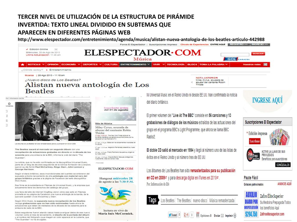 TERCER NIVEL DE UTILIZACIÓN DE LA ESTRUCTURA DE PIRÁMIDE INVERTIDA: TEXTO LINEAL DIVIDIDO EN SUBTEMAS QUE APARECEN EN DIFERENTES PÁGINAS WEB