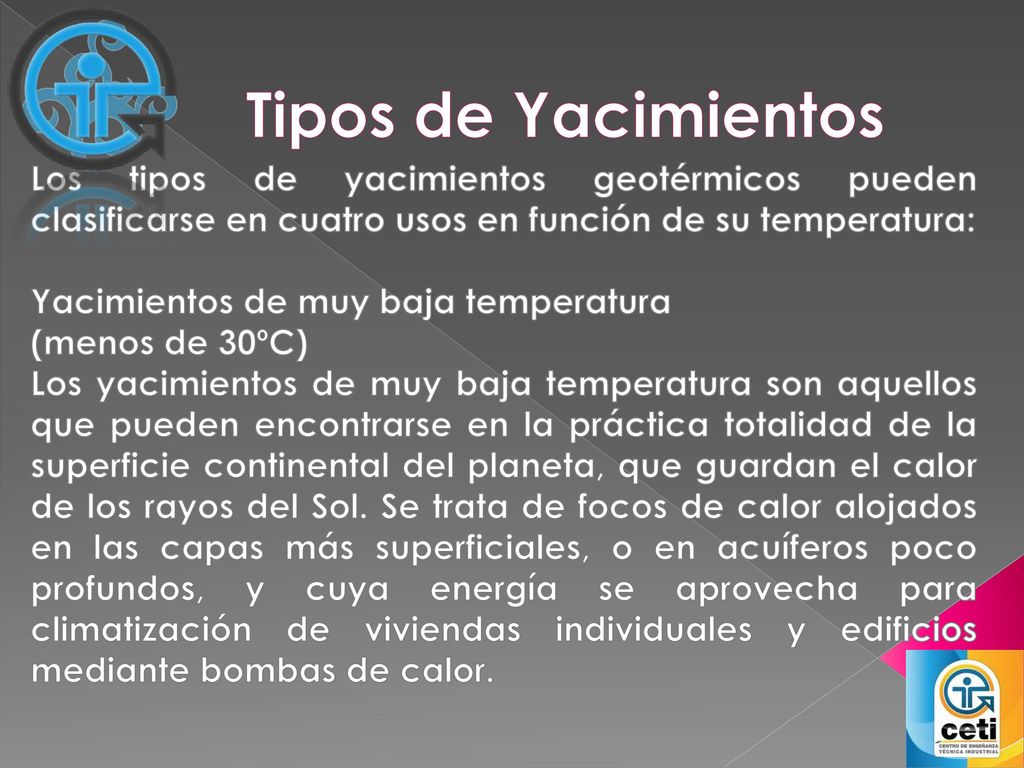 Tipos de Yacimientos Los tipos de yacimientos geotérmicos pueden clasificarse en cuatro usos en función de su temperatura: