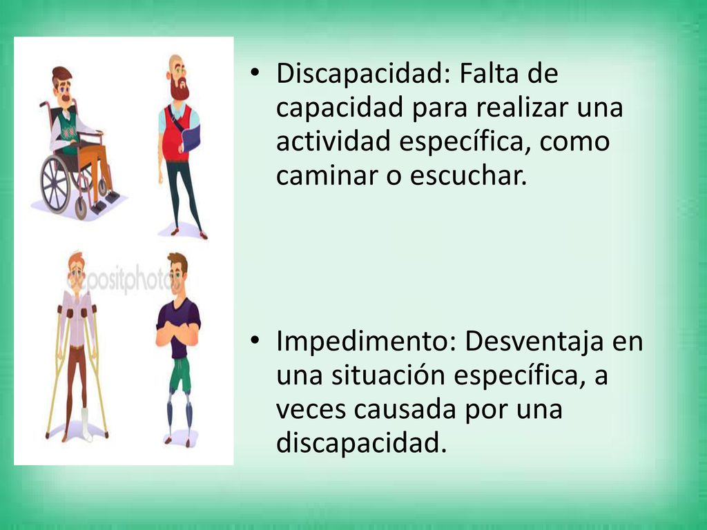 Discapacidad: Falta de capacidad para realizar una actividad específica, como caminar o escuchar.