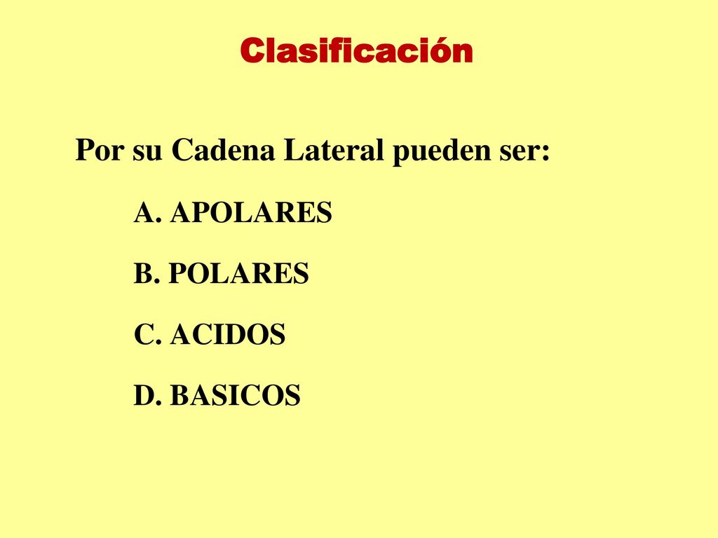 Clasificación Por su Cadena Lateral pueden ser: A. APOLARES B. POLARES