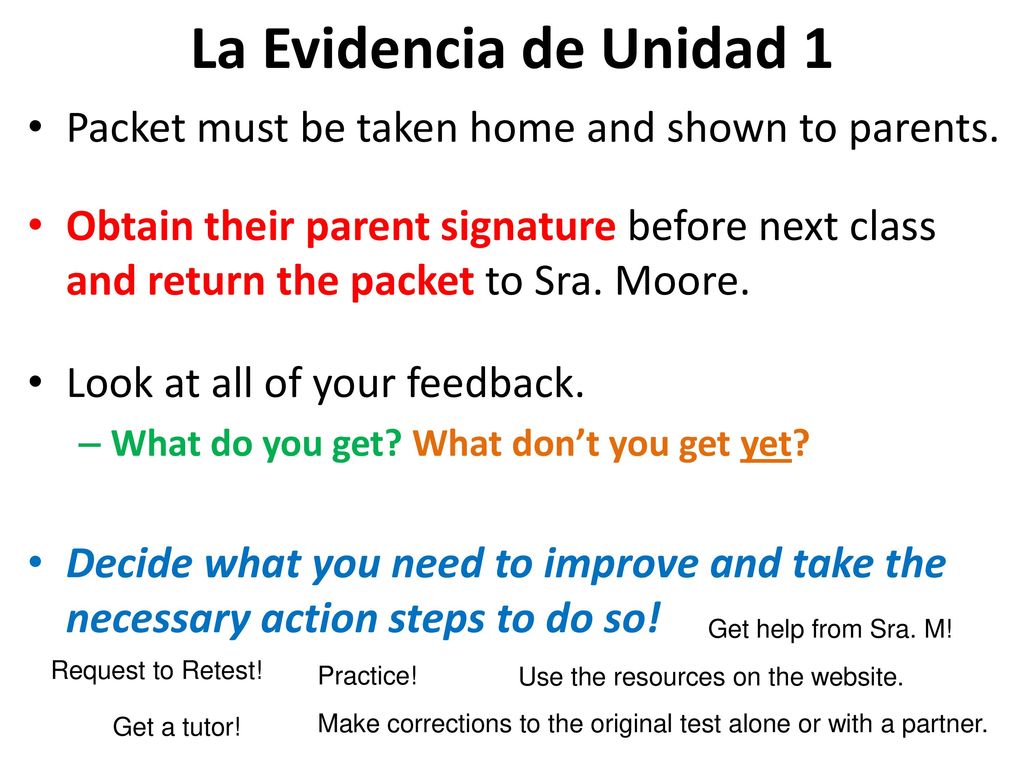 La Evidencia de Unidad 1 Packet must be taken home and shown to parents.