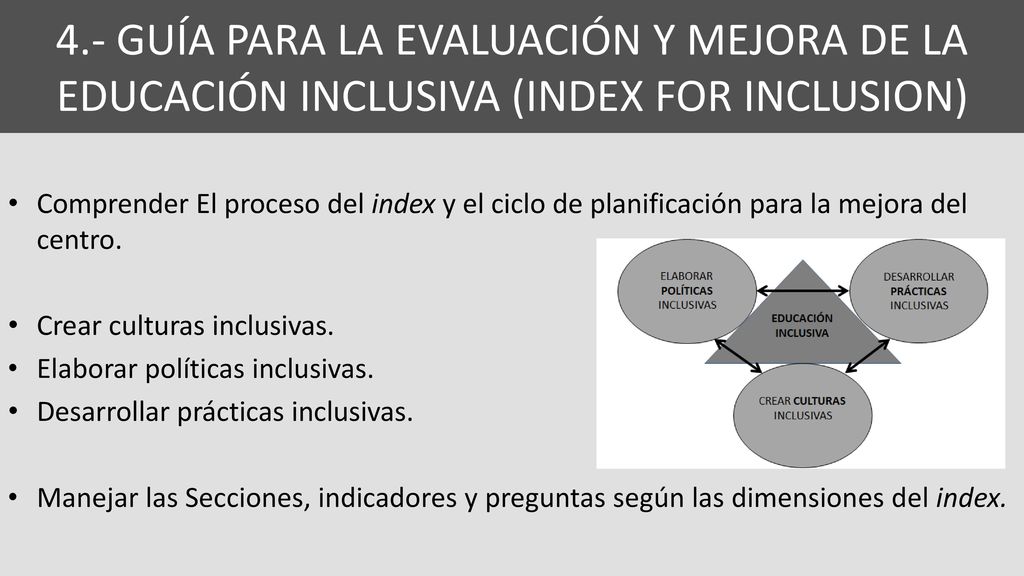 4.- GUÍA PARA LA EVALUACIÓN Y MEJORA DE LA EDUCACIÓN INCLUSIVA (INDEX FOR INCLUSION)