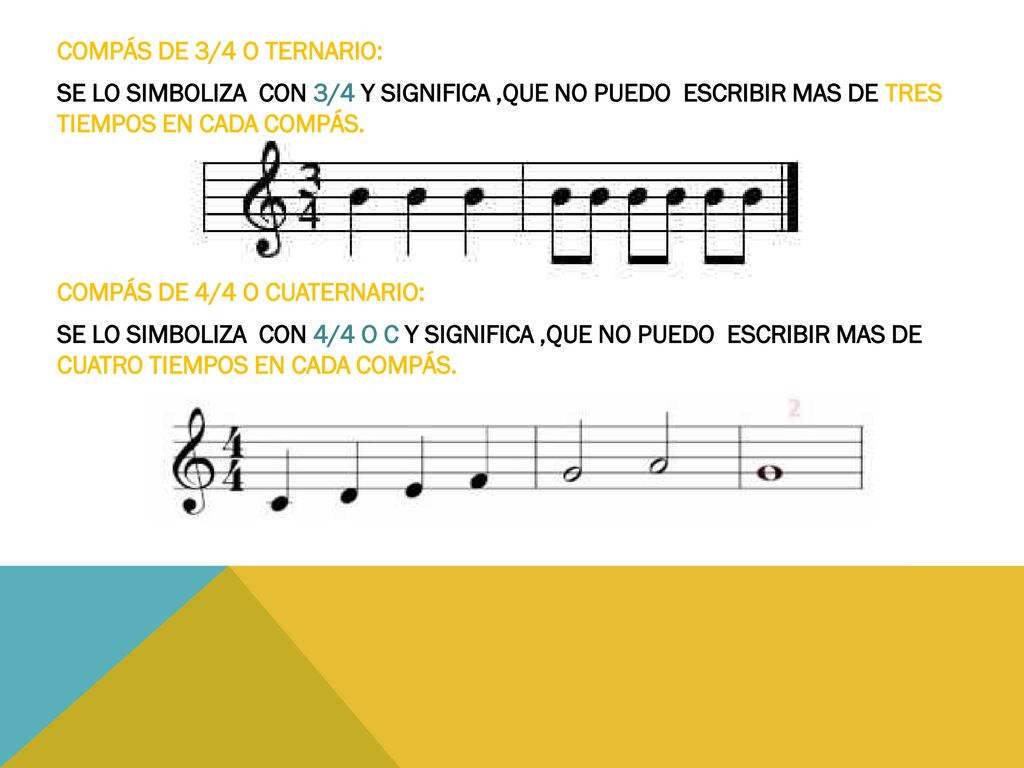 COMPÁS DE 3/4 O TERNARIO: SE LO SIMBOLIZA CON 3/4 Y SIGNIFICA ,QUE NO PUEDO ESCRIBIR MAS DE TRES TIEMPOS EN CADA COMPÁS.