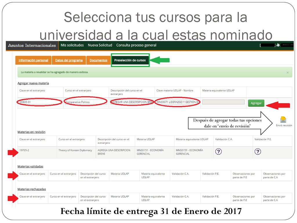 Selecciona tus cursos para la universidad a la cual estas nominado