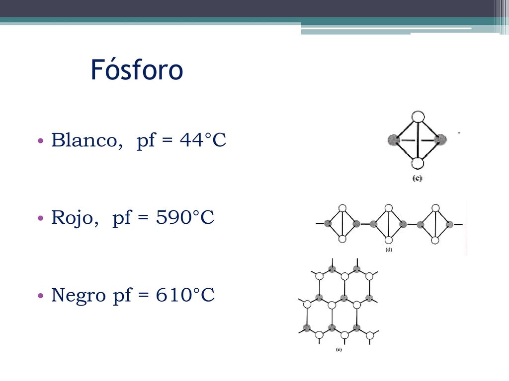 Fósforo Blanco, pf = 44°C Rojo, pf = 590°C Negro pf = 610°C
