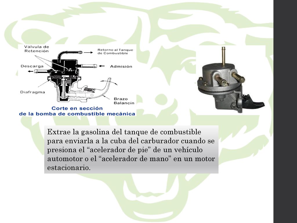 Extrae la gasolina del tanque de combustible para enviarla a la cuba del carburador cuando se presiona el acelerador de pie de un vehículo automotor o el acelerador de mano en un motor estacionario.