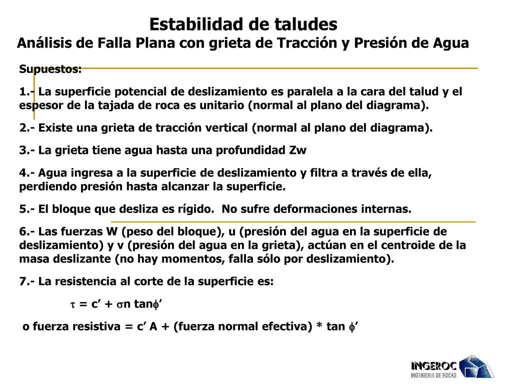Estabilidad de taludes Análisis de Falla Plana con grieta de Tracción y Presión de Agua