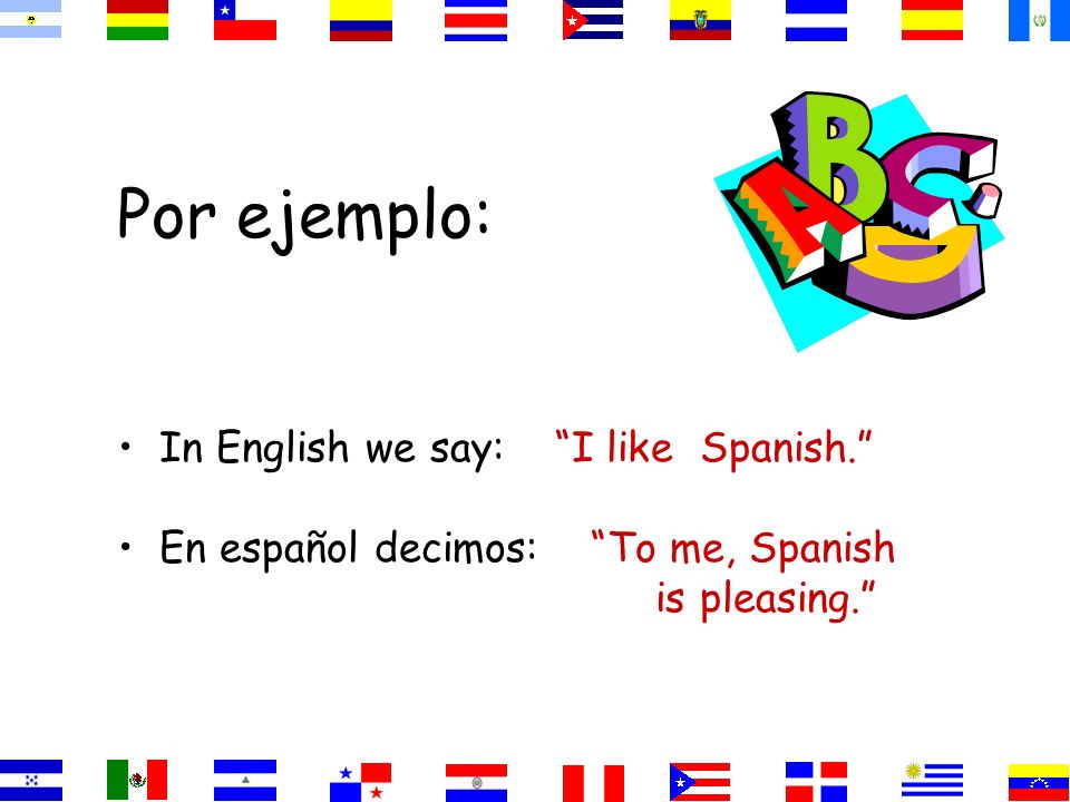 Por ejemplo: In English we say: I like Spanish.