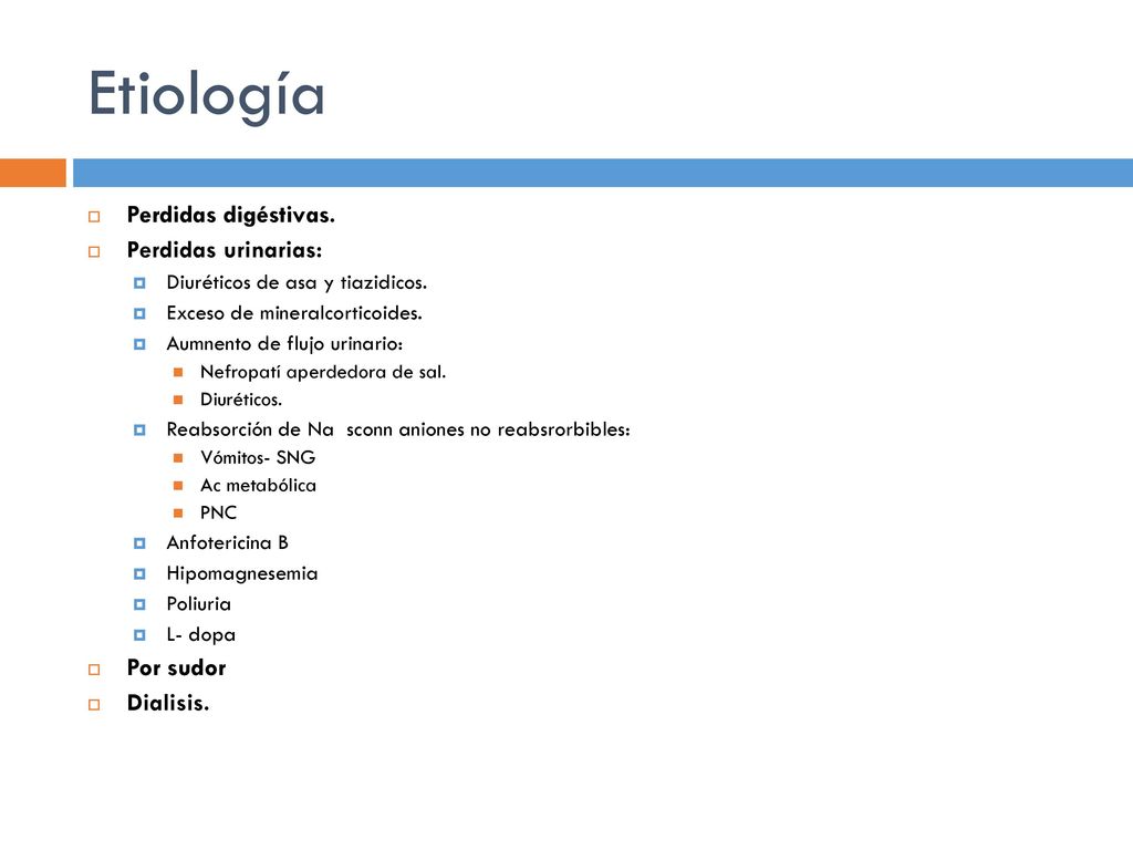 Etiología Perdidas digéstivas. Perdidas urinarias: Por sudor Dialisis.