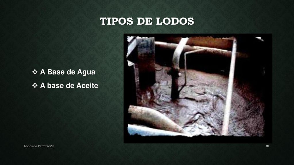 Tipos de lodos A Base de Agua A base de Aceite Lodos de Perforación