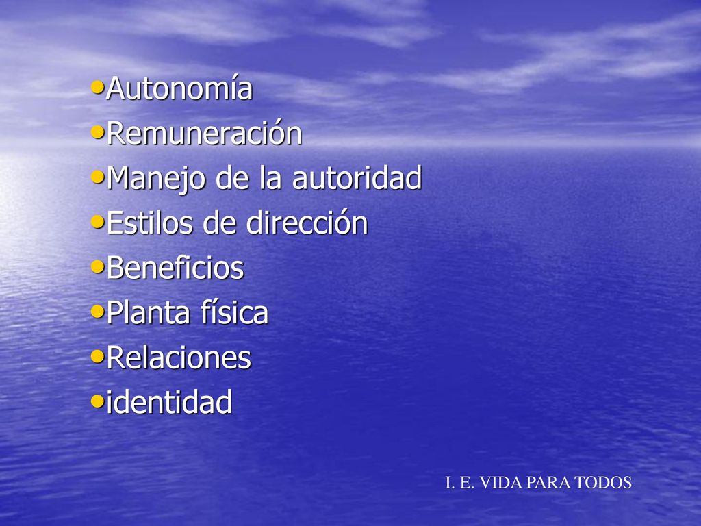 Autonomía Remuneración Manejo de la autoridad Estilos de dirección