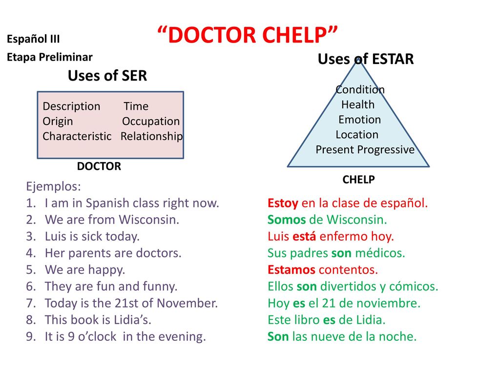 Uses of ESTAR Uses of SER Ejemplos: I am in Spanish class right now.