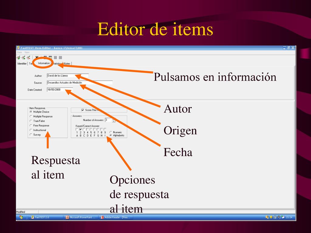 Editor de items Pulsamos en información Autor Origen Fecha