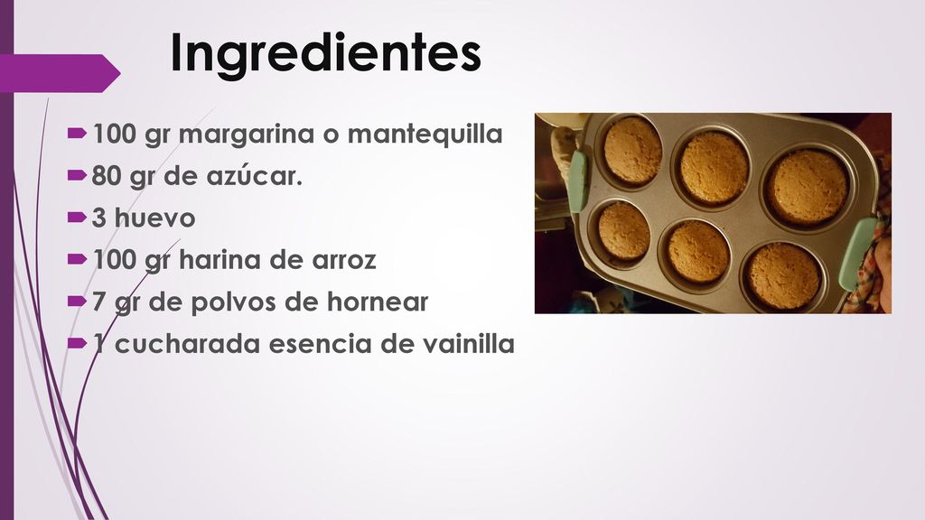 Ingredientes 100 gr margarina o mantequilla 80 gr de azúcar. 3 huevo