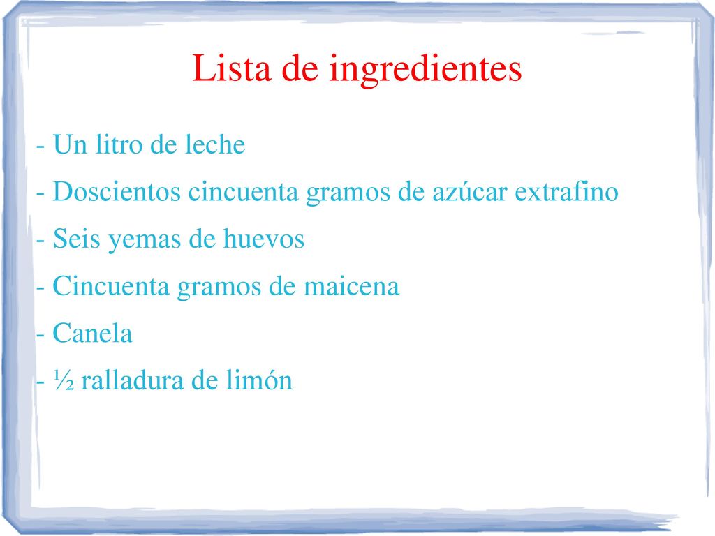 Lista de ingredientes - Un litro de leche