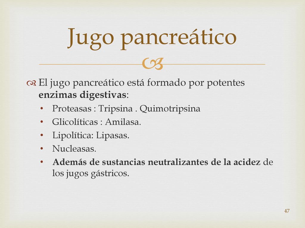 Jugo pancreático El jugo pancreático está formado por potentes enzimas digestivas: Proteasas : Tripsina . Quimotripsina.