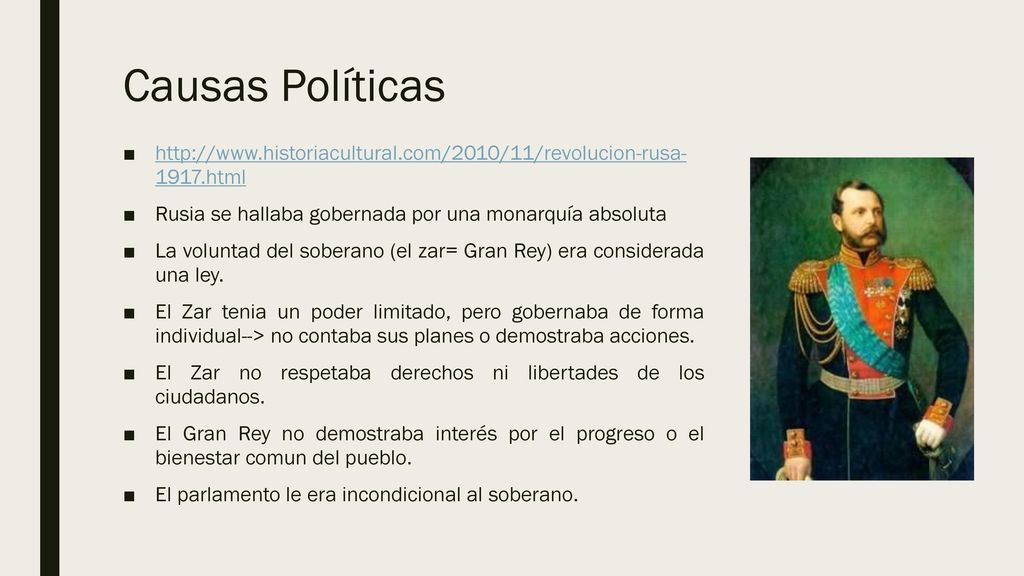 Causas Políticas html. Rusia se hallaba gobernada por una monarquía absoluta.