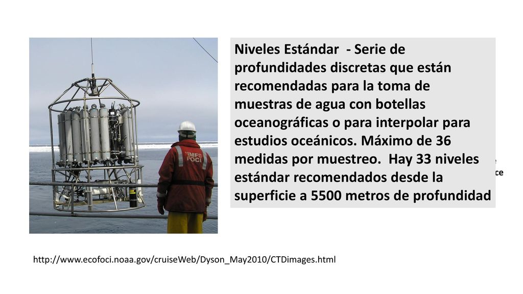 Niveles Estándar - Serie de profundidades discretas que están recomendadas para la toma de muestras de agua con botellas oceanográficas o para interpolar para estudios oceánicos. Máximo de 36 medidas por muestreo. Hay 33 niveles estándar recomendados desde la superficie a 5500 metros de profundidad