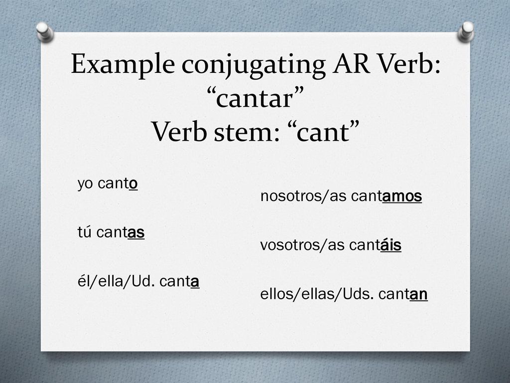 Example conjugating AR Verb: cantar Verb stem: cant