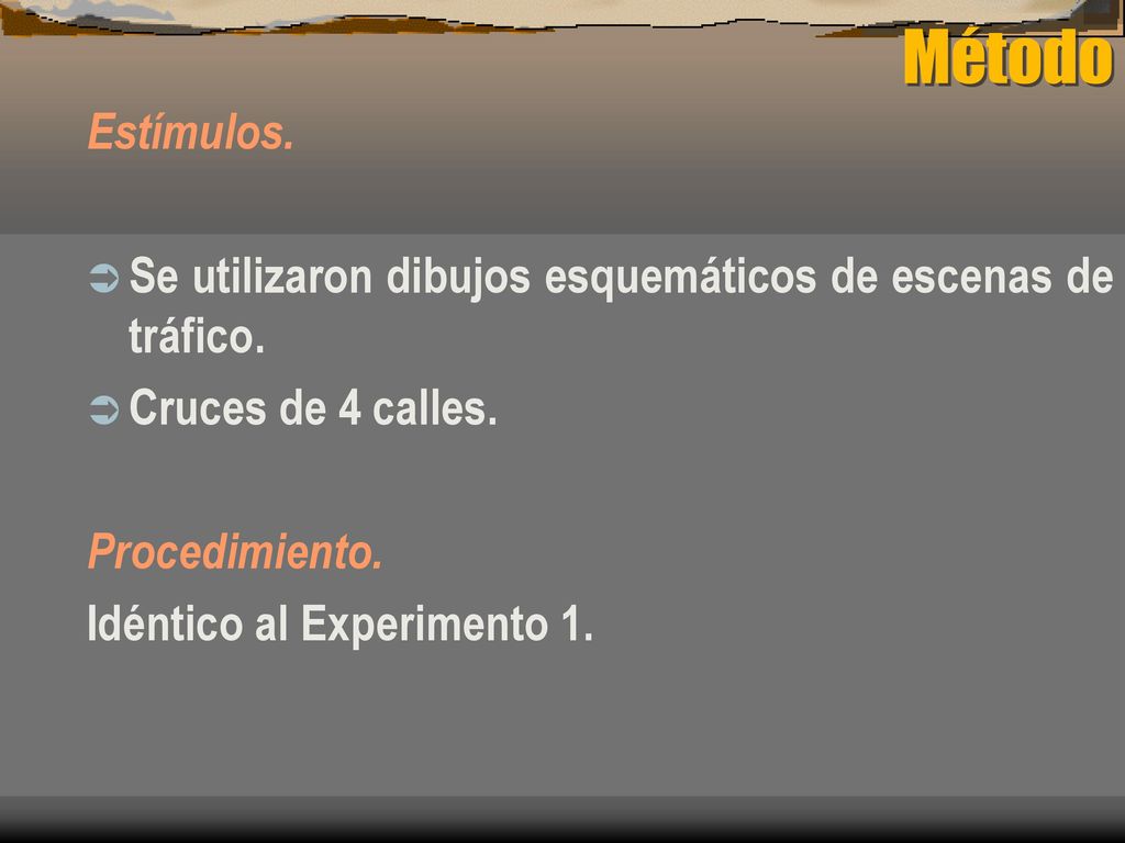 Método Estímulos. Se utilizaron dibujos esquemáticos de escenas de tráfico. Cruces de 4 calles. Procedimiento.
