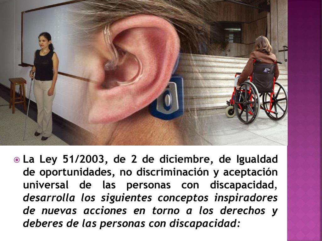 La Ley 51/2003, de 2 de diciembre, de Igualdad de oportunidades, no discriminación y aceptación universal de las personas con discapacidad, desarrolla los siguientes conceptos inspiradores de nuevas acciones en torno a los derechos y deberes de las personas con discapacidad: