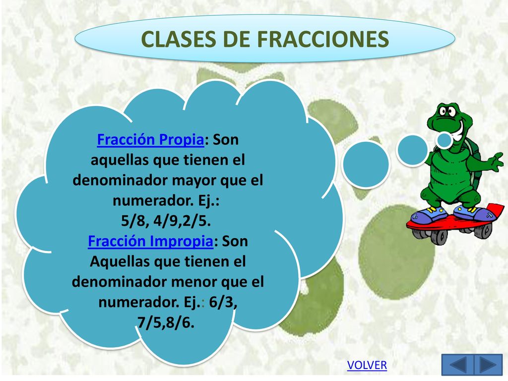 CLASES DE FRACCIONES Fracción Propia: Son aquellas que tienen el denominador mayor que el numerador. Ej.: 5/8, 4/9,2/5.