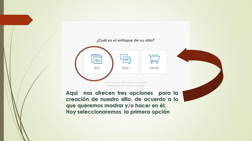 Aquí nos ofrecen tres opciones para la creación de nuestro sitio, de acuerdo a lo que queremos mostrar y/o hacer en él: