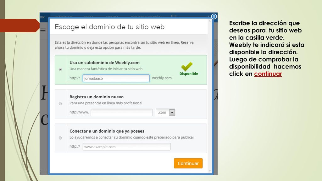 Escribe la dirección que deseas para tu sitio web en la casilla verde
