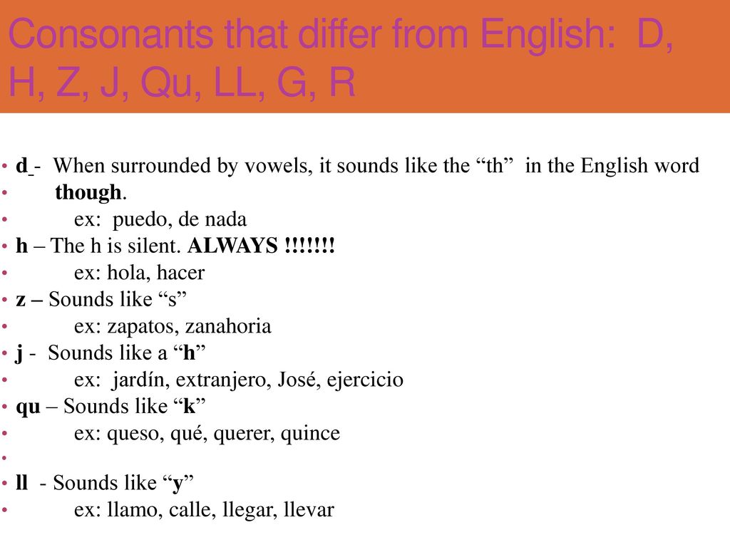 Consonants that differ from English: D, H, Z, J, Qu, LL, G, R