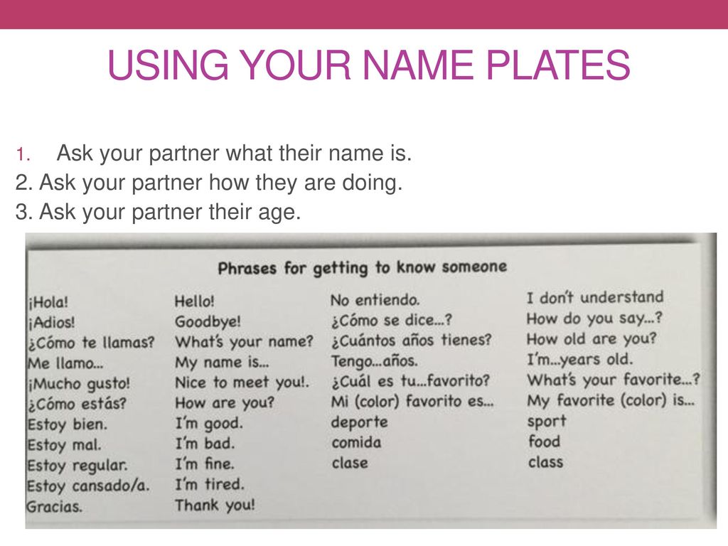 Using your name plates Ask your partner what their name is.