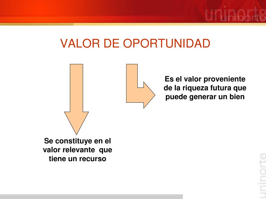 VALOR DE OPORTUNIDAD Es el valor proveniente de la riqueza futura que puede generar un bien.