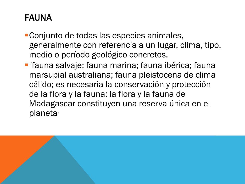 fauna Conjunto de todas las especies animales, generalmente con referencia a un lugar, clima, tipo, medio o período geológico concretos.