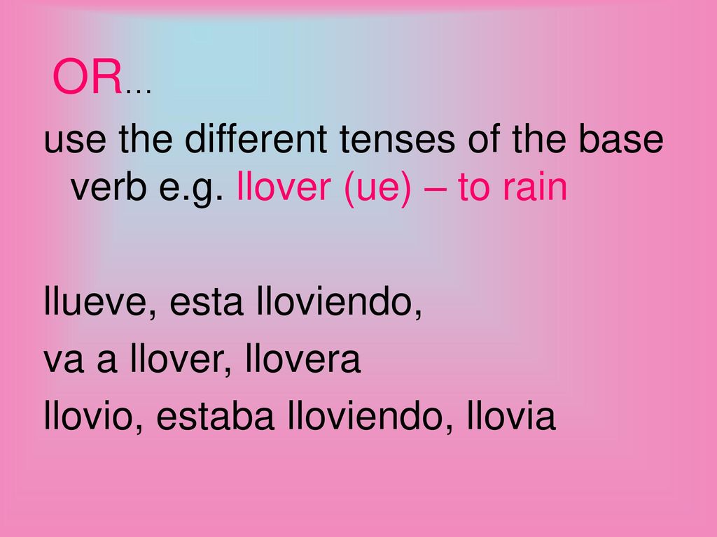 use the different tenses of the base verb e.g. llover (ue) – to rain