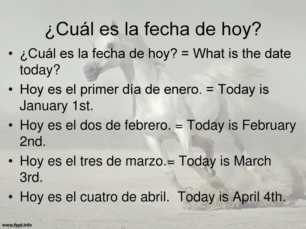 ¿Cuál es la fecha de hoy ¿Cuál es la fecha de hoy = What is the date today Hoy es el primer día de enero. = Today is January 1st.