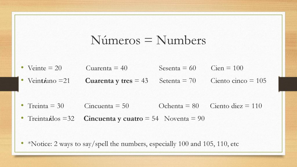 Números = Numbers Veinte = 20 Cuarenta = 40 Sesenta = 60 Cien = 100