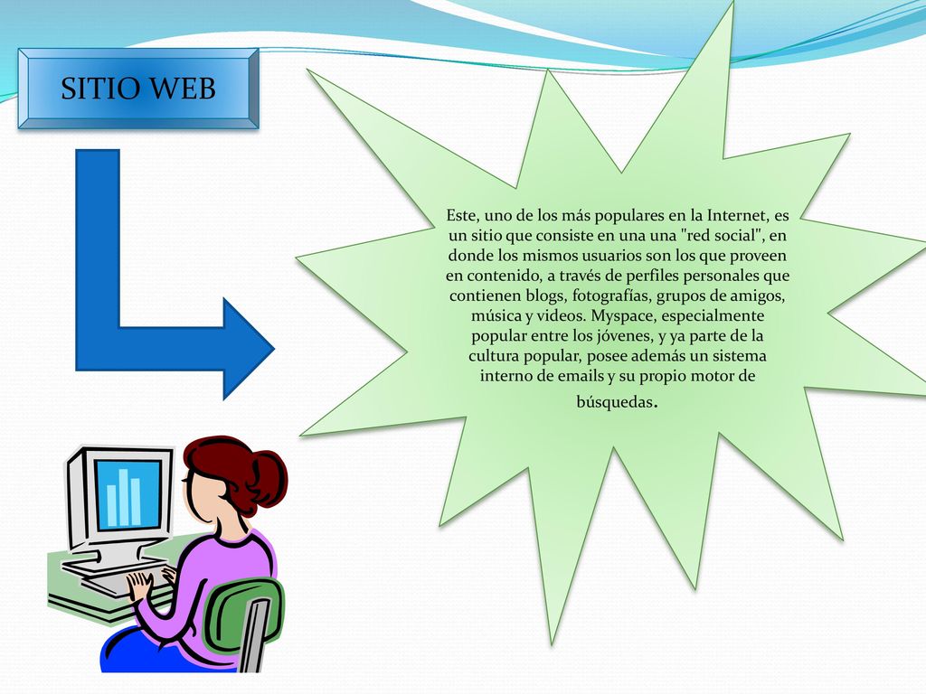 Este, uno de los más populares en la Internet, es un sitio que consiste en una una red social , en donde los mismos usuarios son los que proveen en contenido, a través de perfiles personales que contienen blogs, fotografías, grupos de amigos, música y videos. Myspace, especialmente popular entre los jóvenes, y ya parte de la cultura popular, posee además un sistema interno de  s y su propio motor de búsquedas.