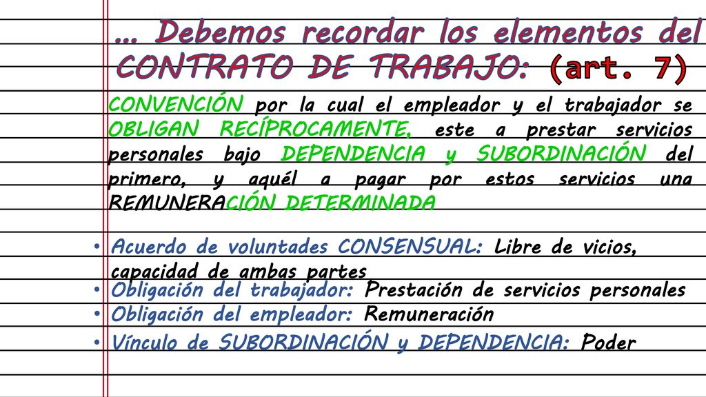 … Debemos recordar los elementos del CONTRATO DE TRABAJO: (art. 7)