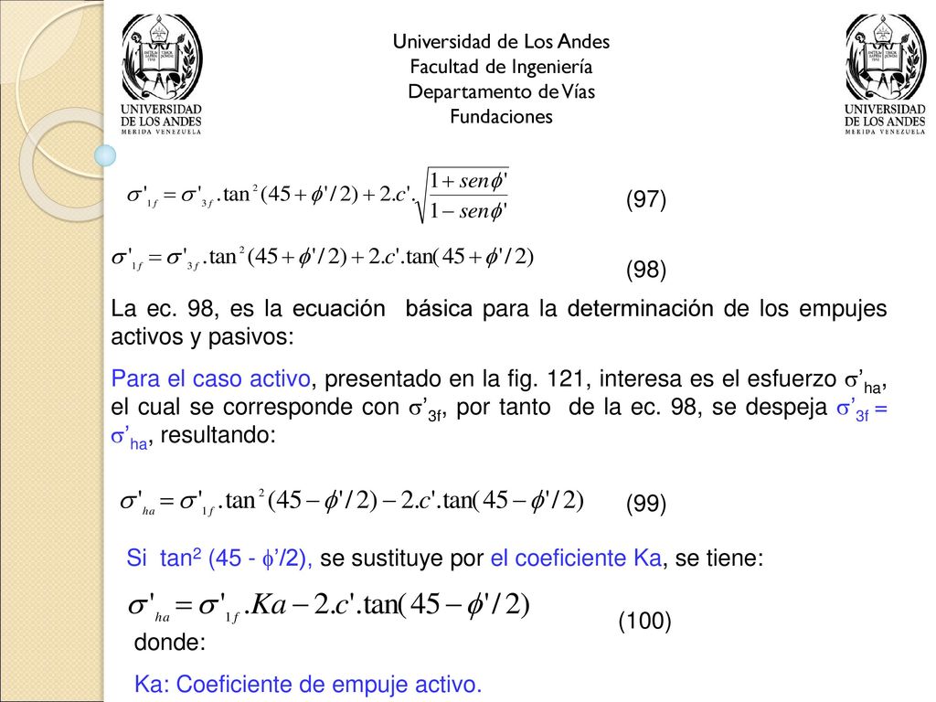 Si tan2 (45 - ’/2), se sustituye por el coeficiente Ka, se tiene: