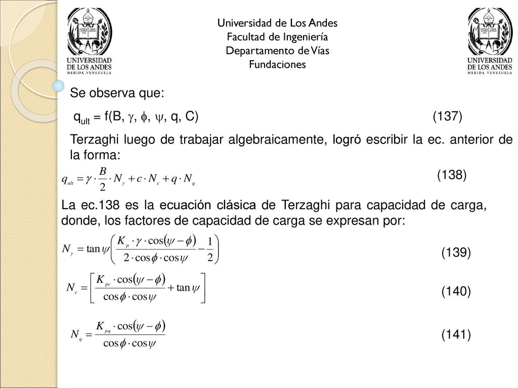 Se observa que: qult = f(B, , , , q, C) (137)