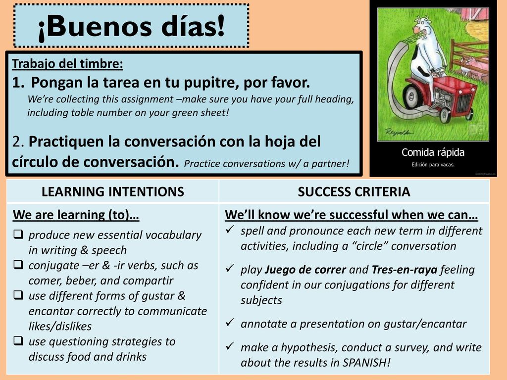 ¡Buenos días! Pongan la tarea en tu pupitre, por favor.