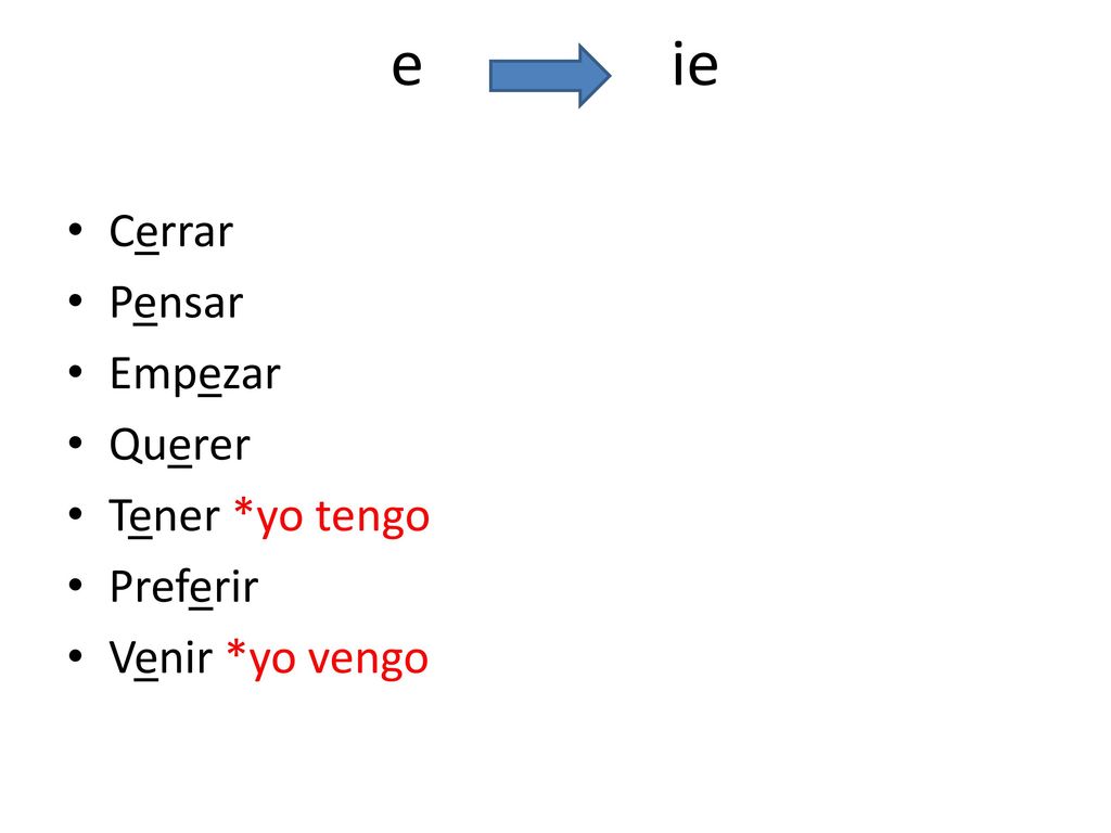 e ie Cerrar Pensar Empezar Querer Tener *yo tengo Preferir
