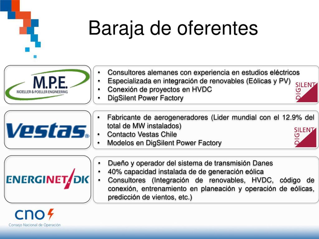 Baraja de oferentes Consultores alemanes con experiencia en estudios eléctricos. Especializada en integración de renovables (Eólicas y PV)