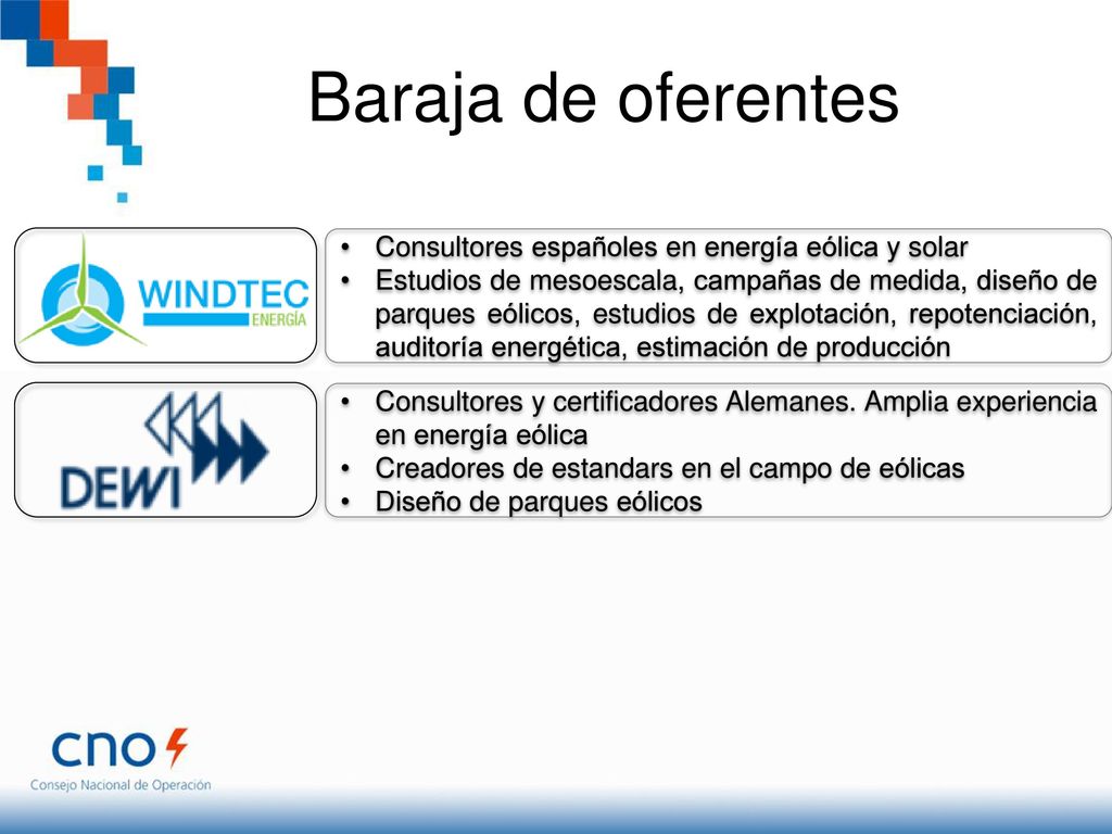 Baraja de oferentes Consultores españoles en energía eólica y solar