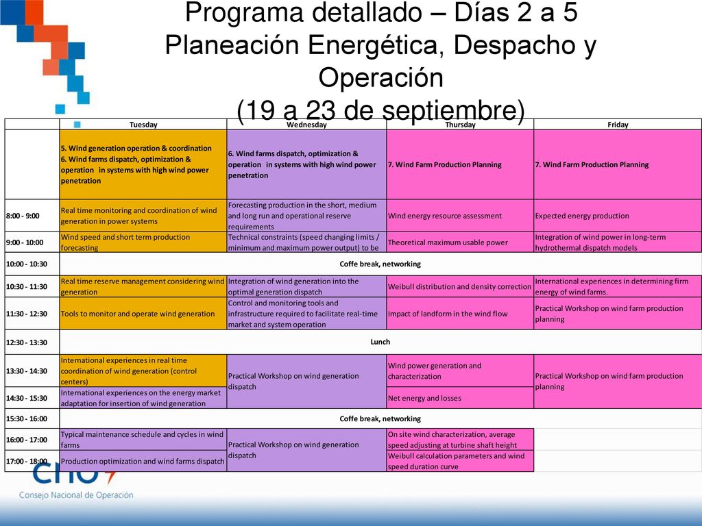 Programa detallado – Días 2 a 5 Planeación Energética, Despacho y Operación (19 a 23 de septiembre)