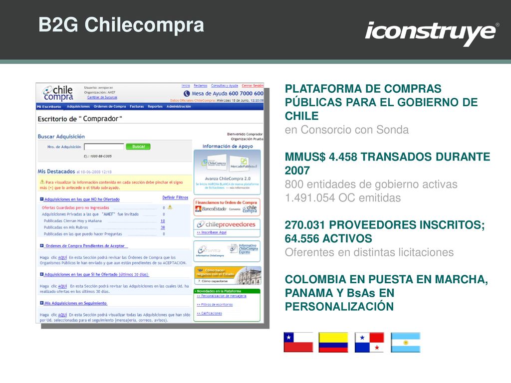 B2G Chilecompra PLATAFORMA DE COMPRAS PÚBLICAS PARA EL GOBIERNO DE CHILE. en Consorcio con Sonda. MMUS$ TRANSADOS DURANTE