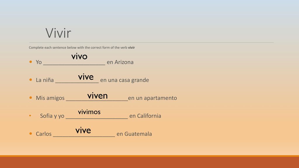 Vivir vivo vive viven vive vivimos Yo ____________________ en Arizona