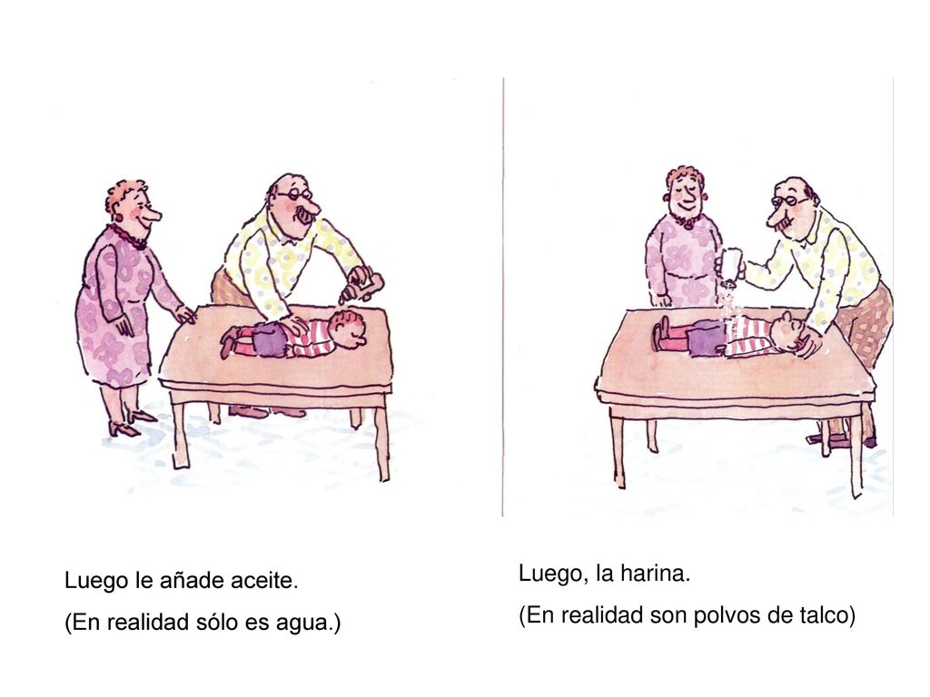 Luego, la harina. (En realidad son polvos de talco) Luego le añade aceite.