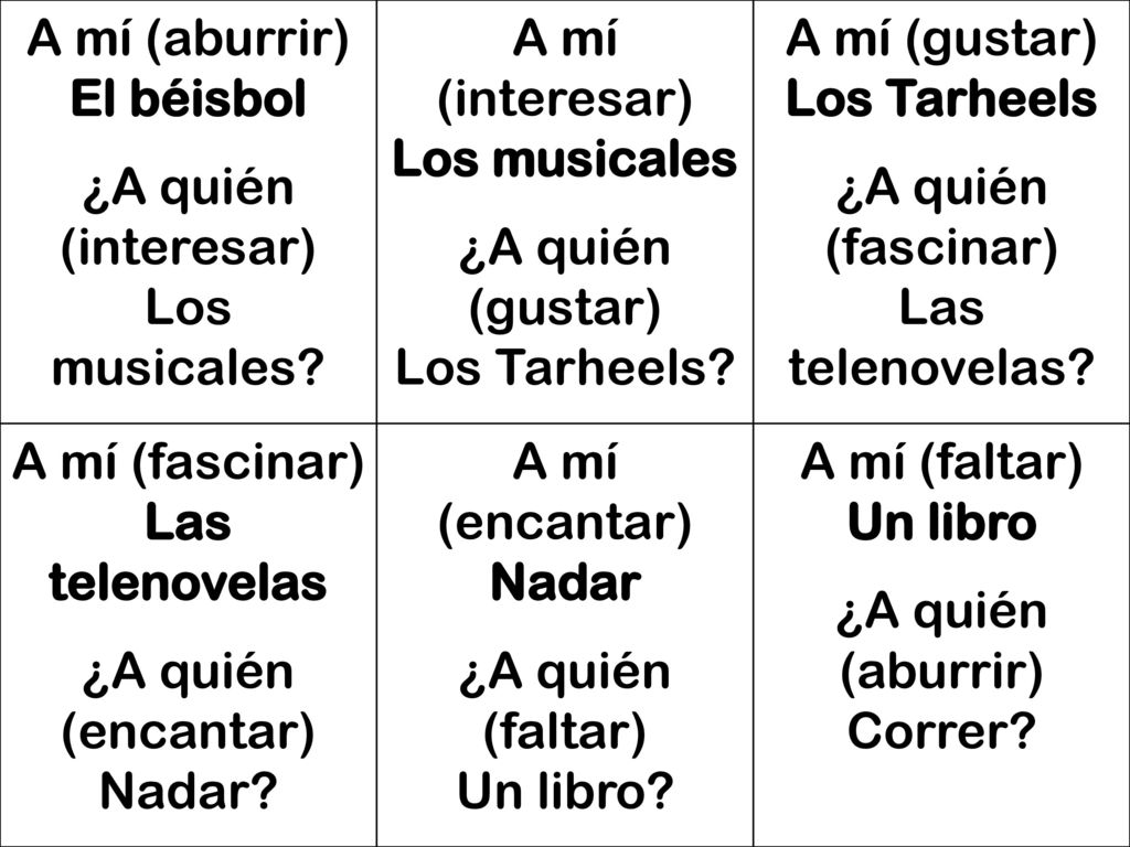 A mí (aburrir) El béisbol. ¿A quién (interesar) Los musicales A mí (interesar) Los musicales.